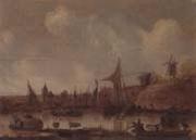 unknow artist A River landscape with ferries and other shipping,a church beyond oil on canvas